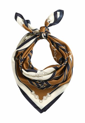 Foulard en soie marron, crème et marine avec des motifs chaîne et rayures, noué en un nœud au sommet et drapé en boucle.