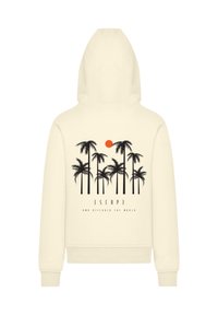 Cream hoodie featuring a graphic of palm trees and a red sun, with the text "ESCAP3 AND DISCOVER THE WORLD" in black.