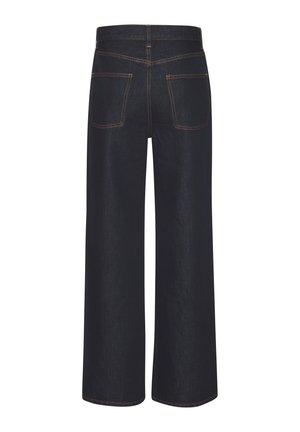Weit geschnittene Denim-Jeans in Dunkelblau mit orangefarbener Naht, mittelhoher Taille und zwei Gesäßtaschen. Glatte Textur mit klassischem Look.