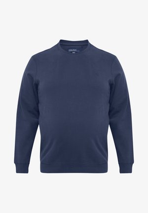 Sweatshirt bleumarin dintr-un material moale, cu guler oval și mâneci lungi. Branding subtil pe piept. Croială clasică.