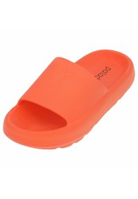 Sandale en caoutchouc orange texturé avec une large bande supérieure et un design à bout ouvert, dotée d'une semelle intérieure profilée et d'une semelle légère.