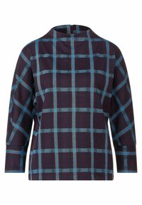 Top a quadri prugna e blu con collo alto, maniche ¾ e chiusura con zip sul retro. Tessuto texture con una vestibilità strutturata.