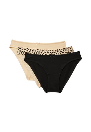 Trois culottes style bikini pour femmes en beige, imprimé léopard et noir, chacune avec un petit nœud décoratif au centre de la ceinture avant.