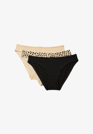 Trois culottes style bikini pour femmes en beige, imprimé léopard et noir, chacune avec un petit nœud décoratif au centre de la ceinture avant.