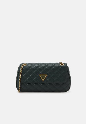 Quilted dark green leather handbag with a gold chain strap and logo accent, featuring a rectangular shape and flap closure.