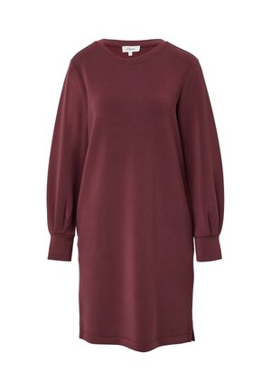 Bordeaux Sweatshirtkleid mit langen Puffärmeln, rundem Ausschnitt und seitlichen Schlitzern. Hergestellt aus weichem, elastischem Material.