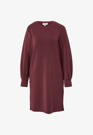 Bordeaux Sweatshirtkleid mit langen Puffärmeln, rundem Ausschnitt und seitlichen Schlitzern. Hergestellt aus weichem, elastischem Material.