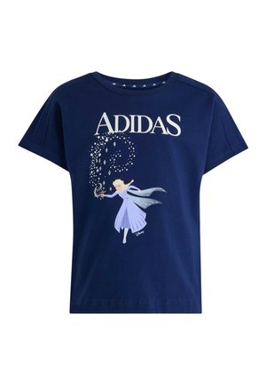 Maglietta Adidas blu navy con una ragazza in abito viola che lancia scintille magiche dalla mano, logo Disney sotto.