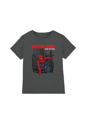 Dark gray t-shirt with Spider-Man crouching in front of a city background, text reads "SPIDER-MAN Brand New Day" in red and white.
