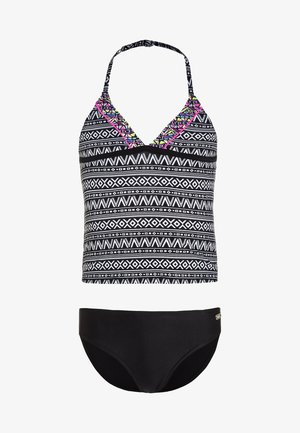 Schwarz-weiß gemustertes Bikini-Set mit einem Haltertop und bunten Akzenten sowie passenden schwarzen Bottoms. Weicher, dehnbarer Stoff.