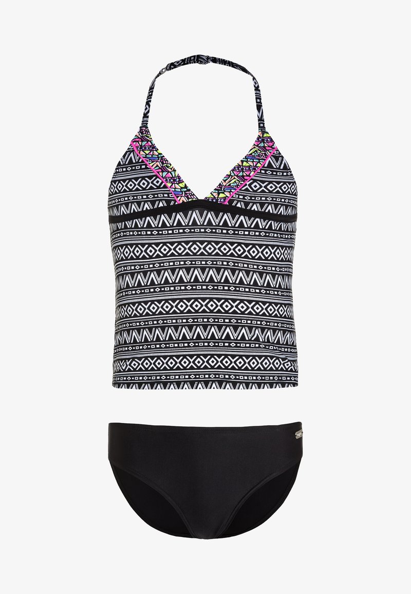 Schwarz-weiß gemustertes Bikini-Set mit einem Haltertop und bunten Akzenten sowie passenden schwarzen Bottoms. Weicher, dehnbarer Stoff.
