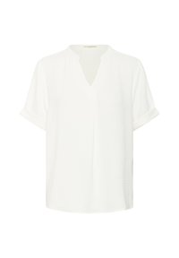 Blusa blanca de manga corta con escote en V y puños enrollados, que presenta una tela texturizada y un corte relajado.