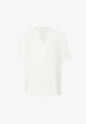 Bijela kratkotrajna bluzica s V-izrezom i zavrnutim porubima, s teksturiranim materijalom i opuštenim krojem.