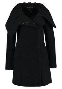 Black coat with textured fabric, oversized collar, and asymmetrical zip closure. Features two side pockets and a tailored silhouette.