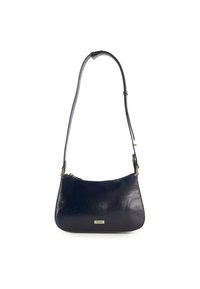 Navyfarbene Leder-Schultertasche mit geschwungener Form, goldenen Beschlägen und strukturiertem Finish; verfügt über einen Reißverschluss und einen langen, verstellbaren Gurt.