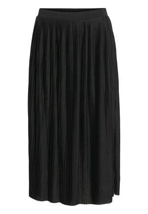 Čierna midi plisovaná sukňa s priliehavým pásom a jemnými vertikálnymi záhybmi, lem siaha pod kolená.