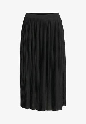 Zwarte midi rok met plooien, voorzien van een aansluitende tailleband en subtiele verticale plooien, zoom valt onder de knie.