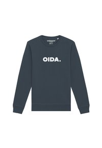 Navy Sweatshirt mit langen Ärmeln, rundem Ausschnitt und weißem "OIDA."-Text auf der Vorderseite. Hergestellt aus weichem Material, mit gerippten Bündchen und Saum.