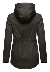 Dark green jacket with a hood, drawstring waist, and long sleeves. Smooth, water-resistant fabric with a simple, clean design.