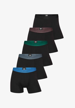 Pantaloncini boxer neri impilati, con elastici colorati in vita: nero, bordeaux, verde, blu e grigio; tessuto in cotone liscio.