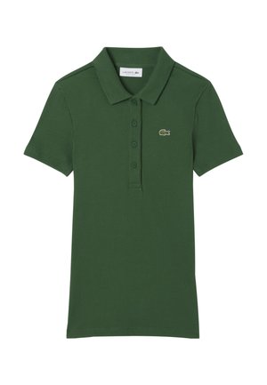 Dunkelgrünes Poloshirt aus geripptem Stoff, mit Kragen, kurzen Ärmeln und einem kleinen gestickten Logo auf der Brust. Fünf-Knopf-Leiste.