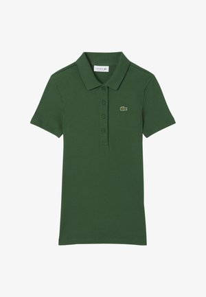 Dunkelgrünes Poloshirt aus geripptem Stoff, mit Kragen, kurzen Ärmeln und einem kleinen gestickten Logo auf der Brust. Fünf-Knopf-Leiste.