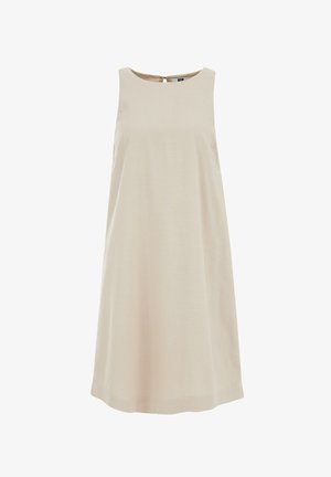 Bež obleka brez rokavov, izdelana iz lahkotnega materiala, z ravnim krojem, okroglo vratnim izrezom in majhnim detajlom v obliki ključavnice na hrbtni strani.