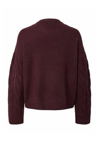 Pull en maille bordeaux foncé avec manches longues texturées et encolure, poignets et ourlet côtelés, vu de dos.