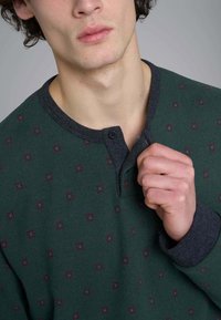 Maglione verde con motivo a stampa, colletto grigio, con piccoli quadrati color bordeaux. Chiusura a bottoni al collo, texture morbida, maniche lunghe.