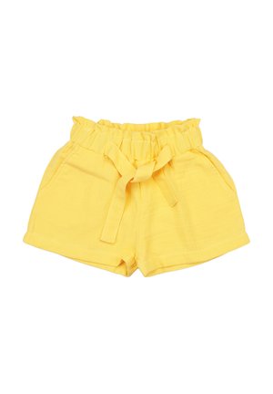 Yellow cotton shorts with elastic paperbag waist and adjustable tie belt, featuring side pockets and rolled hems.