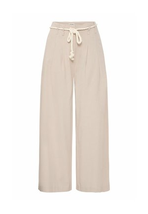 Beige wide-leg trousers made of lightweight fabric, featuring pleats, a drawstring waist with a rope belt, and side pockets.