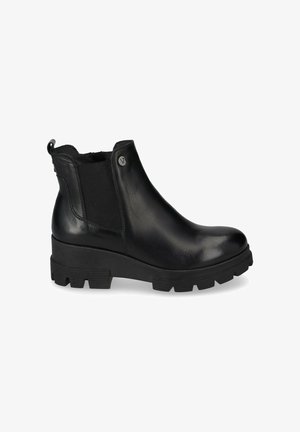 Stivali neri in pelle fino alla caviglia con superficie liscia, pannelli laterali elasticizzati, punta rotonda e una suola in gomma spessa con trazione.