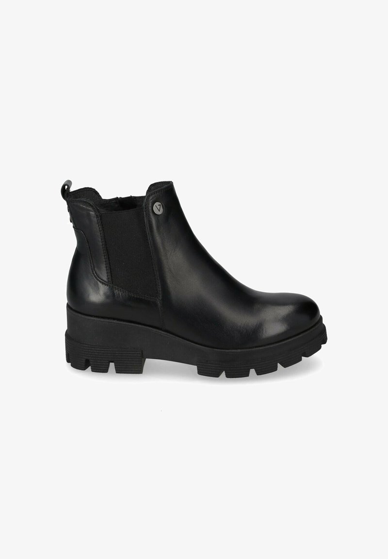 Stivali neri in pelle fino alla caviglia con superficie liscia, pannelli laterali elasticizzati, punta rotonda e una suola in gomma spessa con trazione.