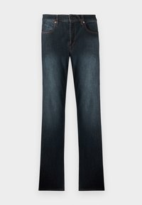 Σκούρο μπλε τζιν από τζιν υλικό με ίσια γραμμή στα πόδια, στυλ με πέντε τσέπες, χάλκινα καρφιά και κούμπωμα με κουμπί. Λείο υφή με ελάχιστη ξεθώριαση.