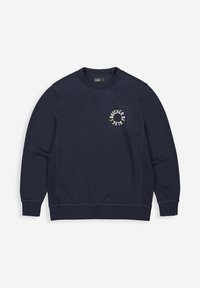 Donkerblauwe sweatshirt gemaakt van zachte stof, met een ronde halslijn, geribbelde manchetten en een geborduurd logo op de borst.