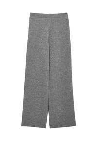 Pantalons larges gris en tissu doux et extensible. Présentent un design simple et dépouillé avec une coupe droite et sans fermetures visibles.