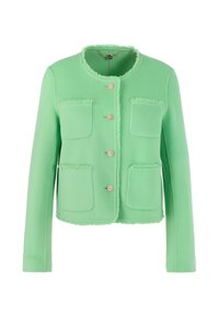 Mintgrüne Jacke mit rundem Halsauschnitt, fransigen Kanten, vier Vorder-taschen und dekorativen Knöpfen. Weicher Stoff und taillierte Passform.