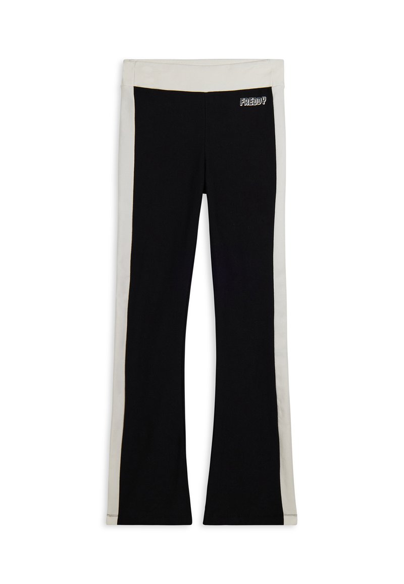 Pantaloni neri a palazzo con pannello laterale color crema. Realizzati in tessuto morbido, presentano un logo ricamato sulla vita. Design pulito e moderno.