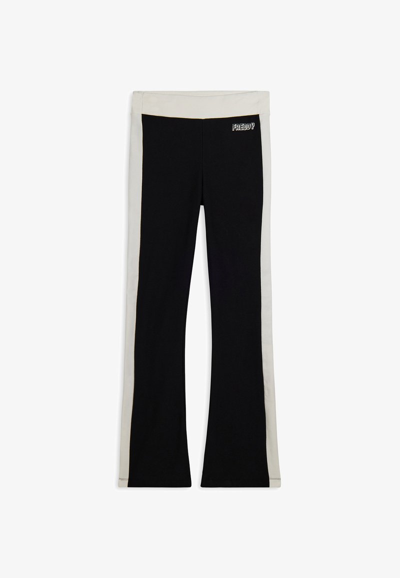 Pantaloni neri a palazzo con pannello laterale color crema. Realizzati in tessuto morbido, presentano un logo ricamato sulla vita. Design pulito e moderno.