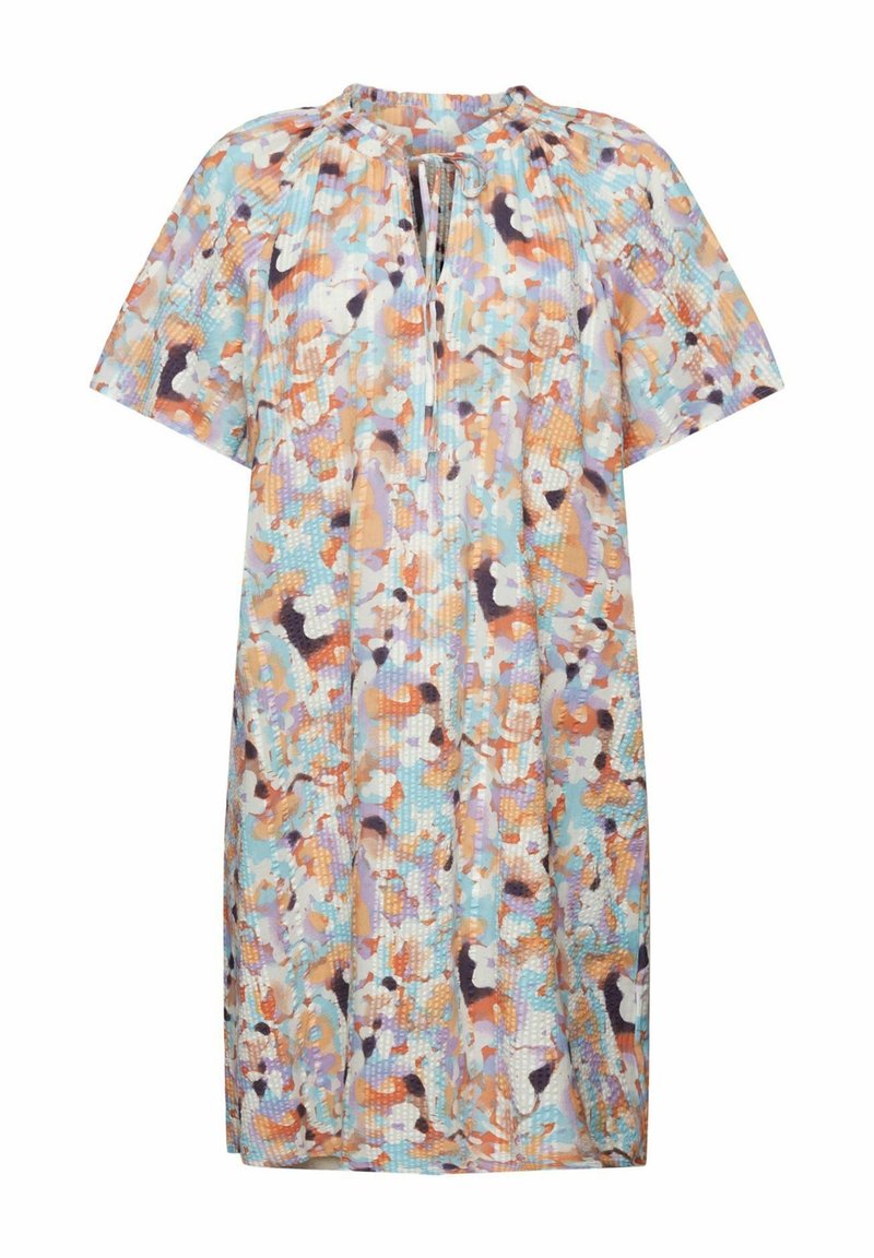 Robe ample à manches courtes avec un motif abstrait pastel bleu, orange, violet et blanc, avec un col rond et un détail noué à l'avant.