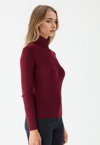 Burgundy knit turtleneck with long sleeves, fitted design, smooth texture, and flat seams, paired with dark pants against a neutral background.