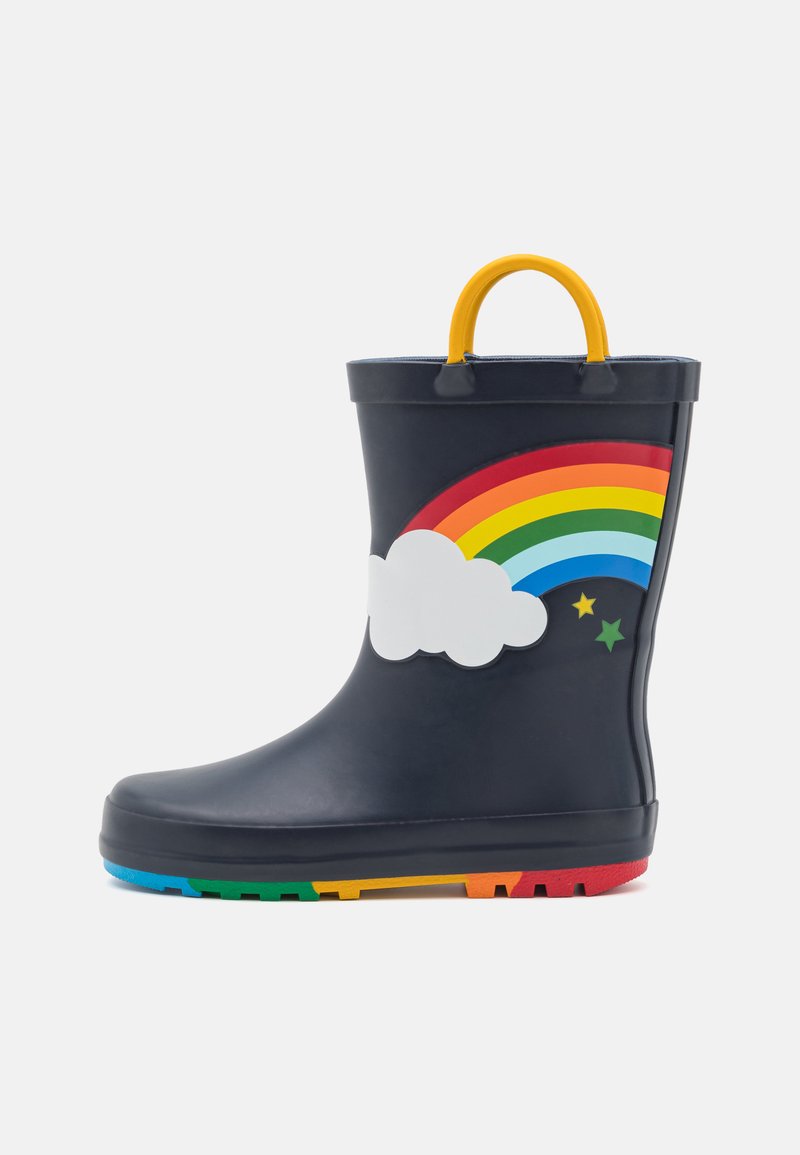Marine rubberen regenlaars met een wolken- en regenboogontwerp. Voorzien van een gele handgreep en een meerkleurige zool met rood, oranje, geel, groen en blauw.