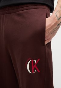 Burgundijas sporta bikses ar gludu tekstūru, ar sānu kabatu un sarkano un baltu "CK" logotipu. Elastīgs josta ērtībai.