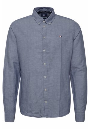 Men's long-sleeve shirt in light blue linen, featuring a button-down collar, front button closures, and a small three-color logo on the chest.