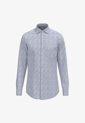 Langarmshirt in lichtblauw met een klein bloemenpatroon, met knopenkraag, één borstzak en een rechte zoom.