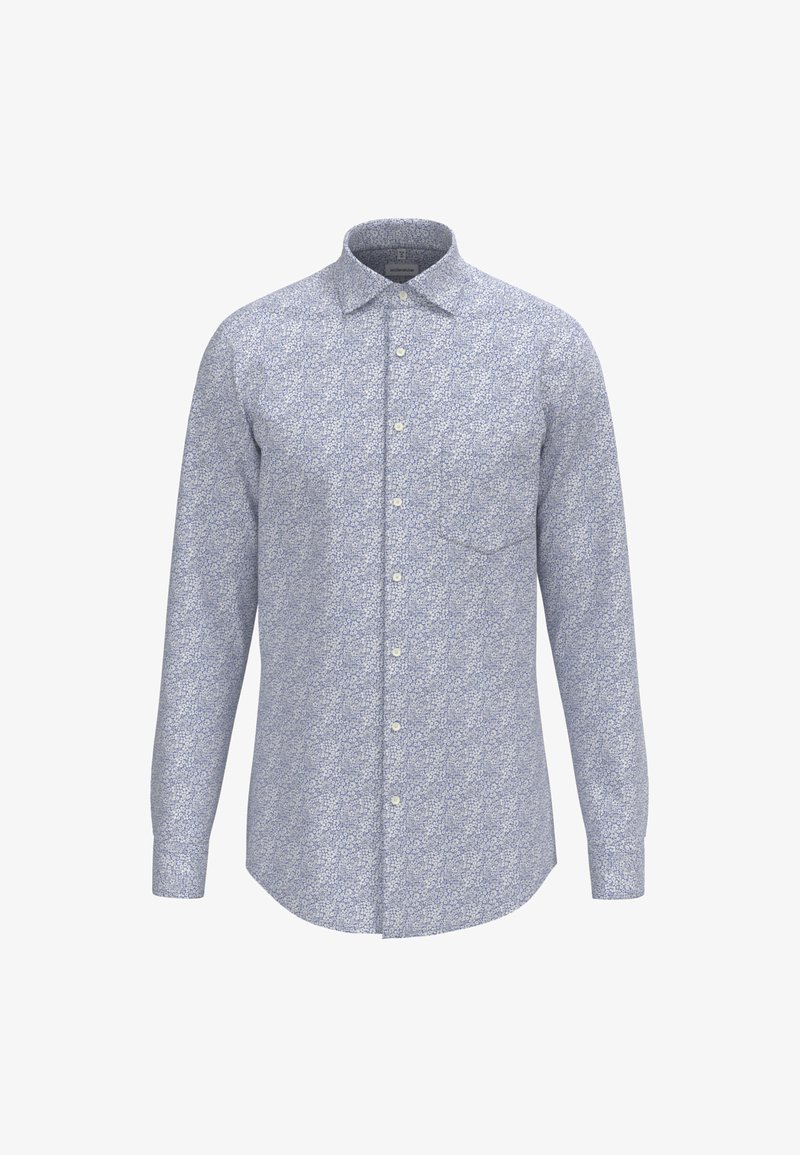 Langarmshirt in lichtblauw met een klein bloemenpatroon, met knopenkraag, één borstzak en een rechte zoom.