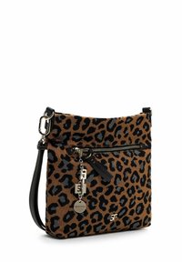 Leopard print crossbody bag in brown canvas with black accents, featuring a front zipper pocket and metallic hardware details.