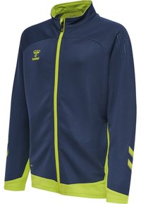 Marinblå idrottsjacka med limegröna accenter, dragkedjestängning, texturerat tyg och logotyp. Har randig design på ärmarna och nätfoder.