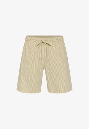 Svītraini beigi šorti ar elastīgu jostu un auklu. Materiāls ir viegls kokvilna. Garums līdz ceļiem. Nav redzamu kabatu.