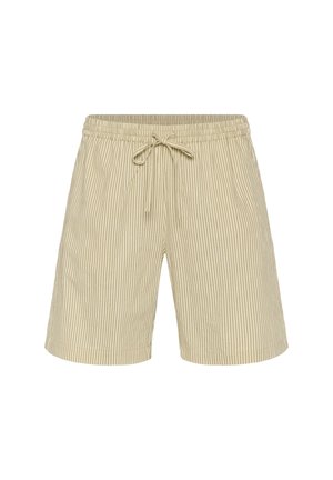 Béžové a biele vertikálne pruhované šortky s elastickým pásom a prednou šnúrkou, dĺžka ku kolenám a neformálny štýl.